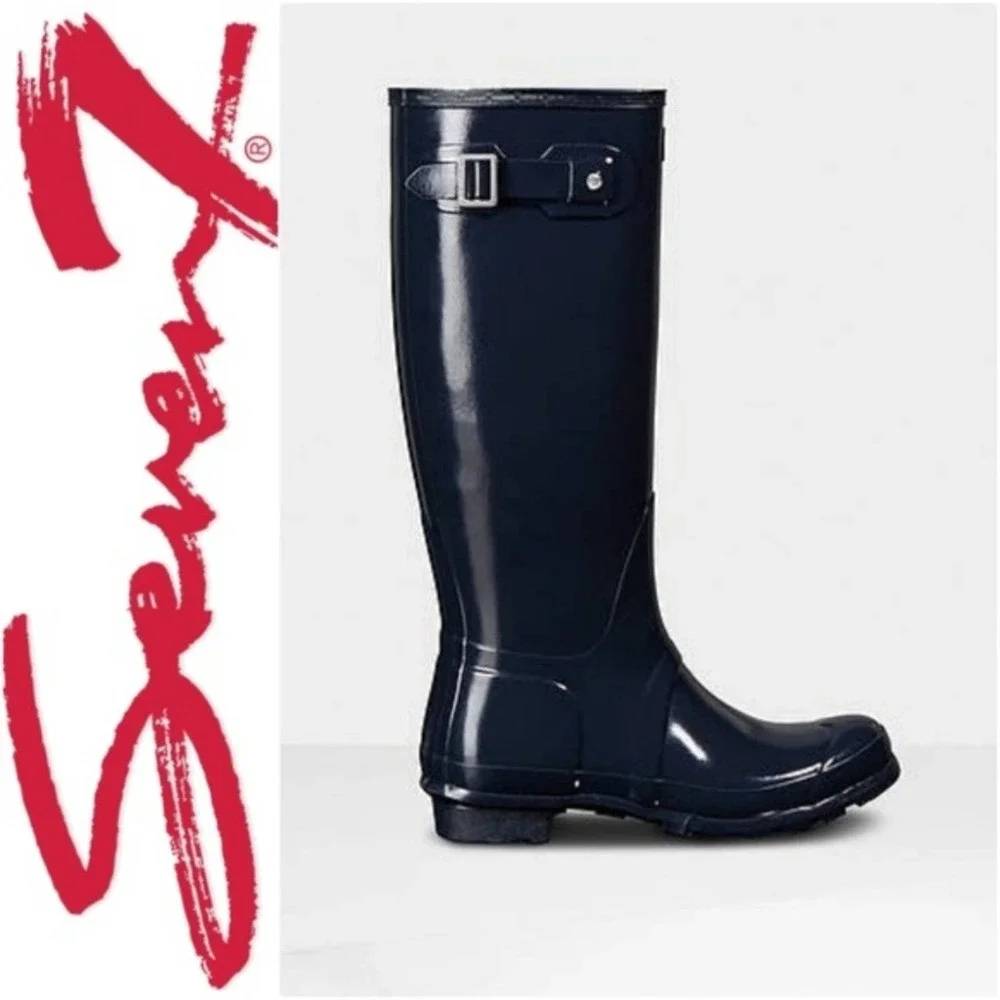 Seven7 British Girl Tall Glossy Rain Boots in Navy Blue - Picture 2 of 9
